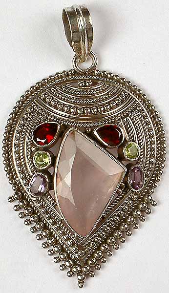 Designer Rose Quartz Pendant with Gemstones