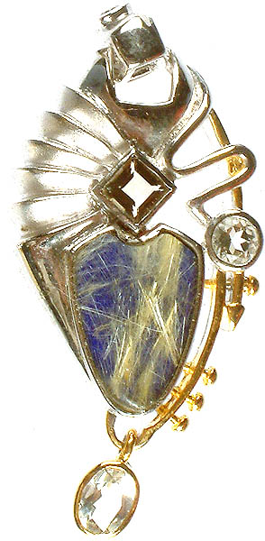 Designer Rutilated Quartz Pendant with Faceted Lemon Topaz and Cubic Zirconia