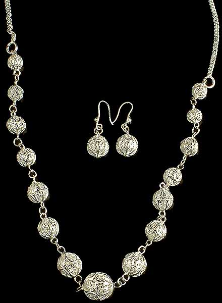 Designer Sterling Lattice Bead Necklace and Earrings Set
