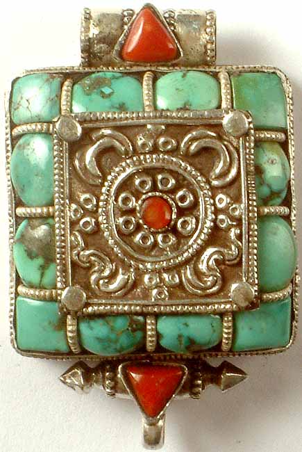Dharma Chakra (Tibetan Gau Box Pendant with Turquoise & Coral)