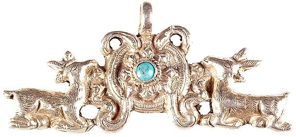Dharma Wheel Flanked by Two Deer with Central Turquoise