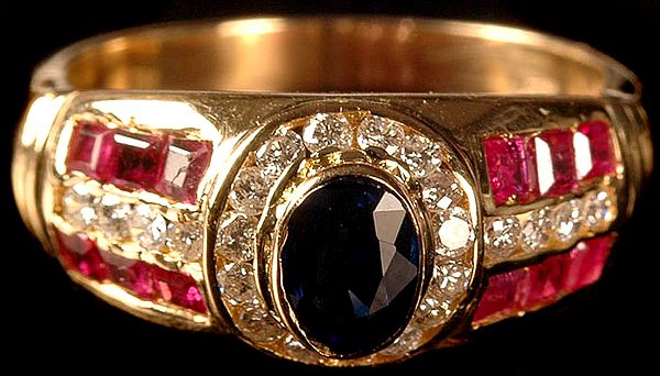 Diamond Finger Ring with Faceted Blue Sapphire and Ruby