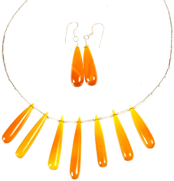 Dirty Orange Chalcedony Drop Necklace with Earrings Set