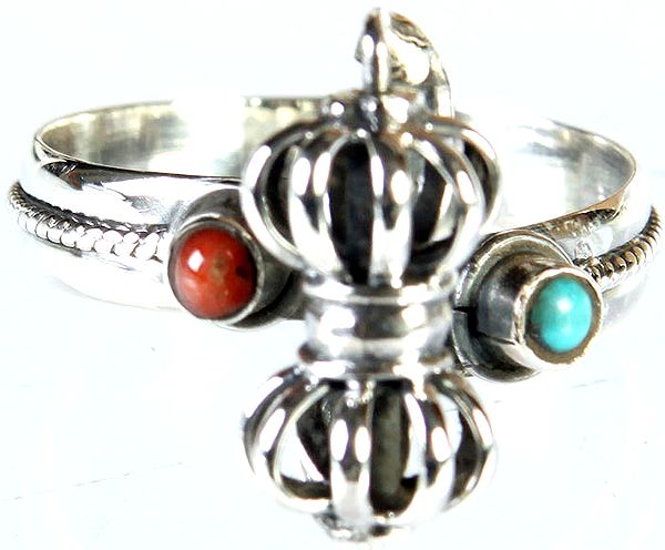 Dorje Finger Ring with Coral and Turquoise