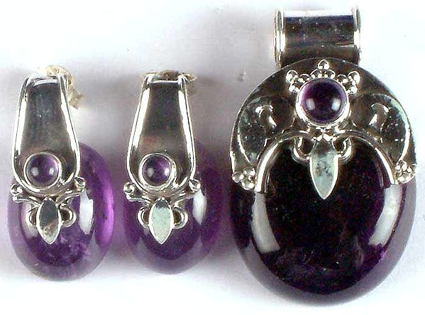 Double Stone Amethyst Pendant with Matching Earrings Set