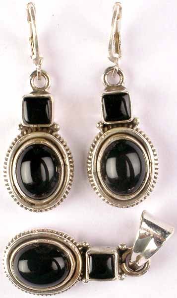 Double Stone Black Onyx Pendant and Earrings Set
