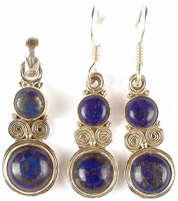 Double Stone Lapis Lazuli Pendant & Earrings set with Spirals
