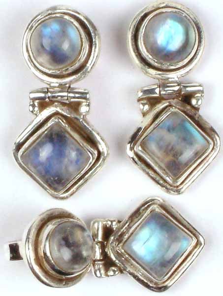 Double Stone Rainbow Moonstone Pendant and Post Earrings Set