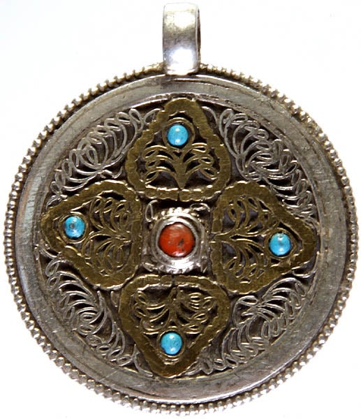 Double-sided Mandala Pendant with Filigree and Gemstones (Turquoise, Coral and Lapis Lazuli)