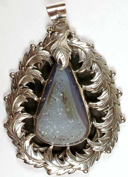 Druzy Chalcedony Pendant in Grip of Leaves