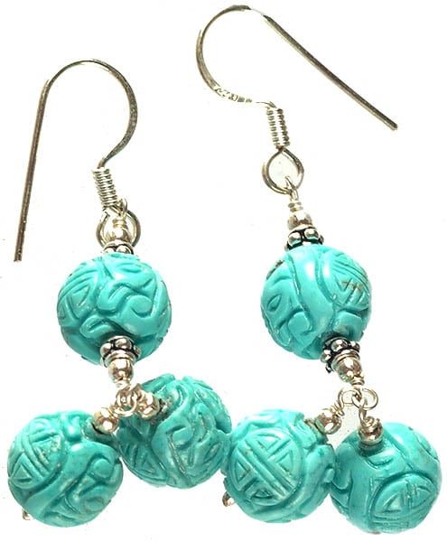 Earrings of Chinese Buddhist Symbol Carved on Turquoise