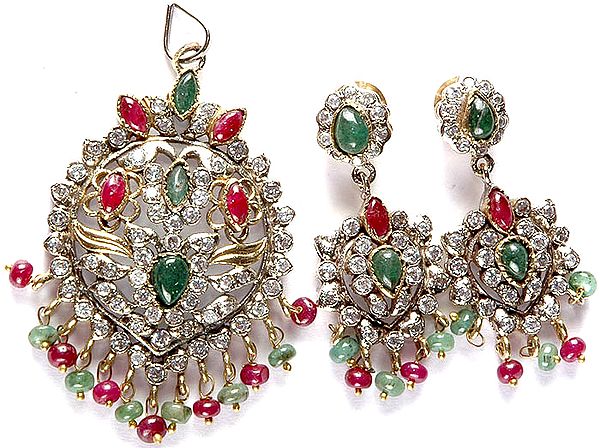 Emerald and Ruby Pendant and Earrings with Charms