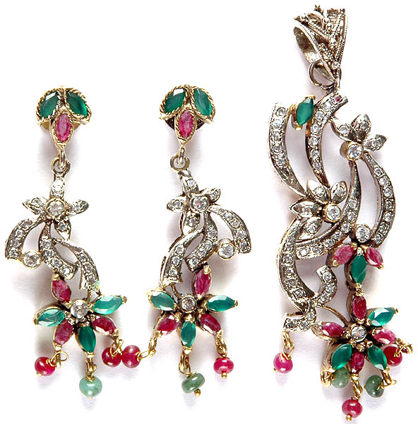 Emerald and Ruby Pendant with Earrings