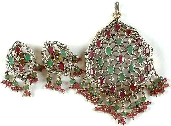 Emerald and Ruby Victorian Earrings and Pendant Set