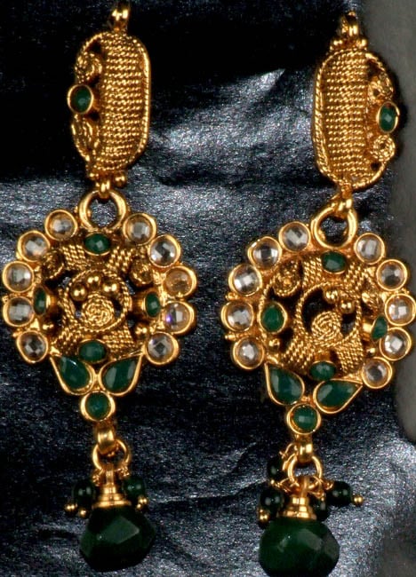 Emerald-Colored Polki Post Earrings with Cut Glass