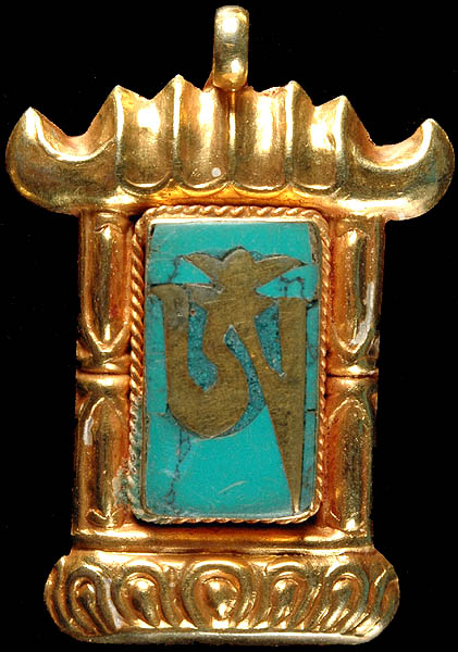 Enshrined Om (AUM) on Turquoise Gold Plated Pendant