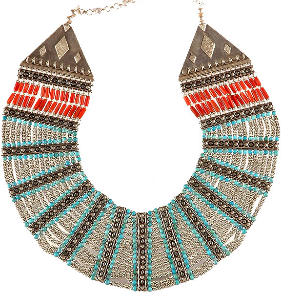 Ethnic Gemstone Beaded Necklace from Ladakh (Turquoise and Coral)