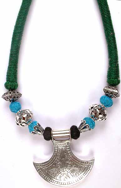 Ethnic Necklace on Black, Blue and Green Cord
