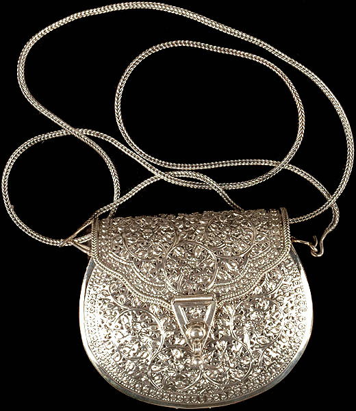 Exquisitely Decorated Shoulder Purse with Hinged Opening and Chain
