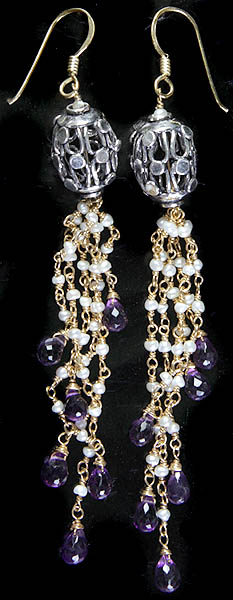 Faceted Amethyst and Pearl Gold Plated Earrings
