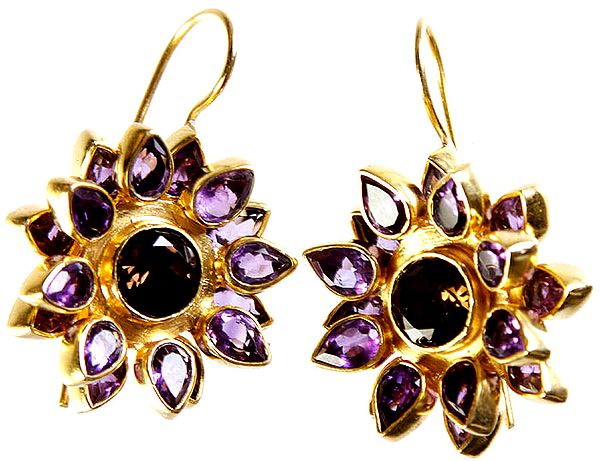 Faceted Amethyst Blooming Flower Gold Plated Earrings with Central Smoky Quartz