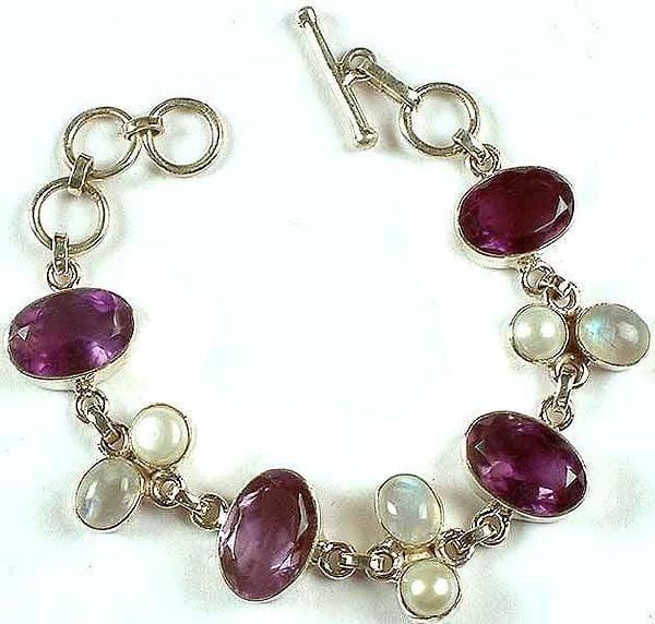 Faceted Amethyst Bracelet With Rainbow Moonstone & Pearl