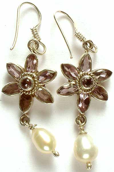 Faceted Amethyst Flower Earrings with Pearl Dangle
