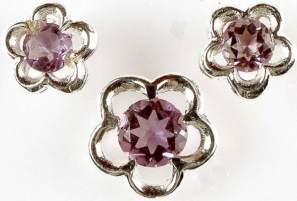 Faceted Amethyst Flower Pendant with Matching Earrings Set