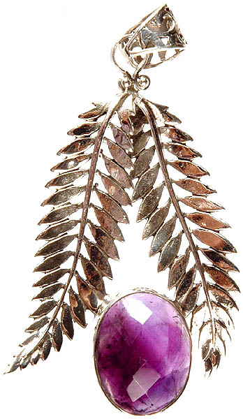 Faceted Amethyst Oval Pendant with Sterling Leaves