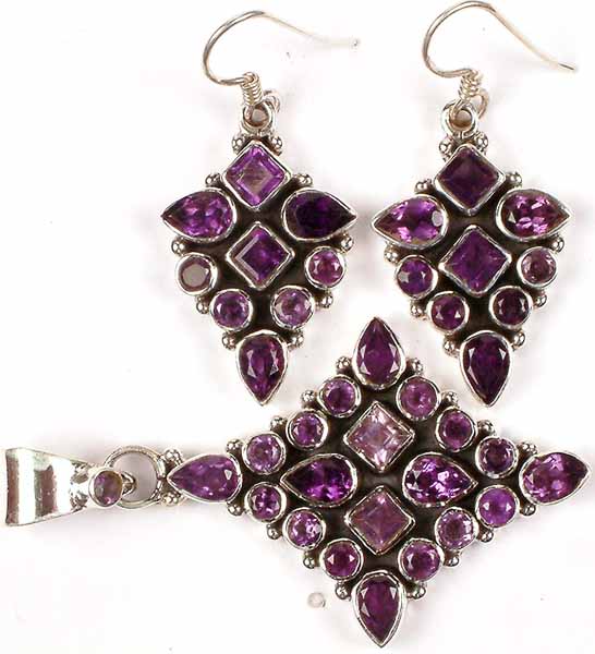 Faceted Amethyst Pendant and Earrings Set