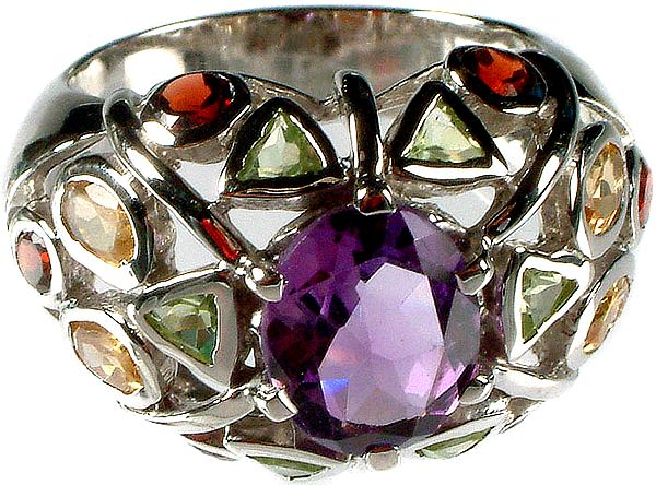 Faceted Amethyst Ring with Citrine, Garnet and Peridot