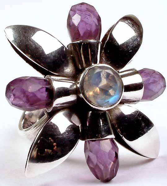 Faceted Amethyst Ring with Rainbow Moonstone