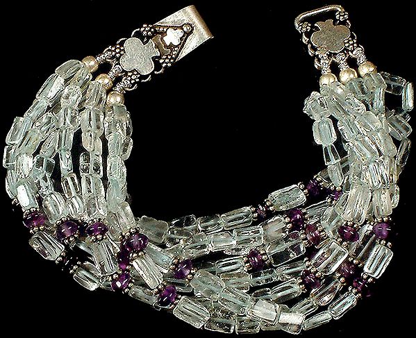 Faceted Aquamarine Eight Layers Bracelet with Amethyst
