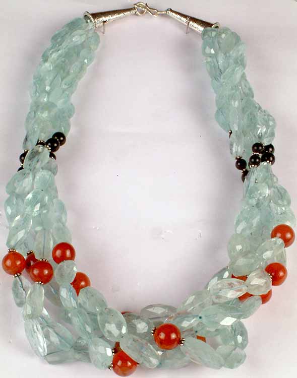 Faceted Aquamarine Necklace with Black Onyx & Carnelian