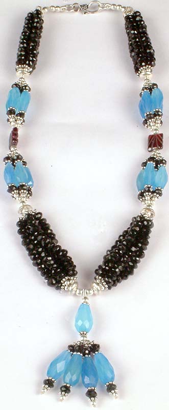 Faceted Black Onyx & Blue Chalcedony Beaded Necklace from Rajasthan