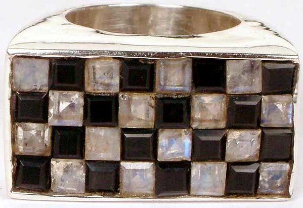 Faceted Black Onyx & Rainbow Moonstone Chess Board