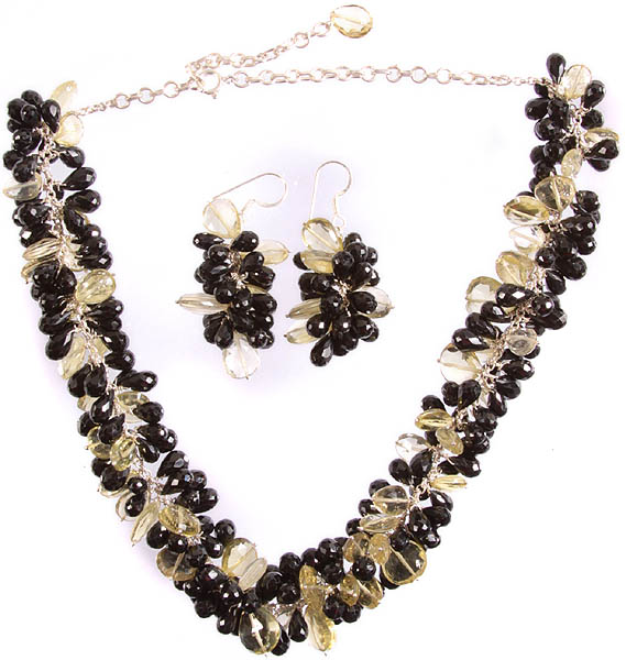 Faceted Black Onyx and Lemon Topaz Bunch Necklace with Matching Earrings
