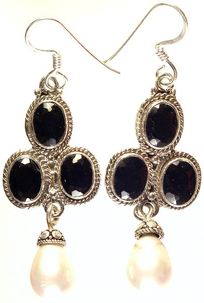 Faceted Black Onyx and Pearl Earrings
