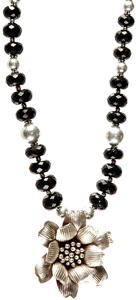 Faceted Black Onyx Beaded Necklace with Blooming Flower