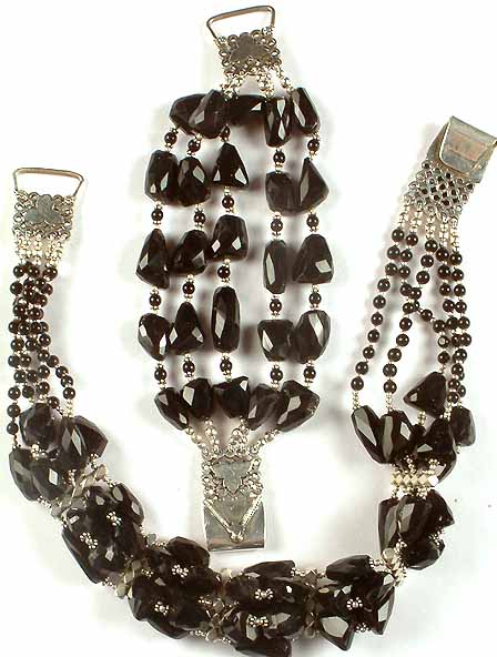 Faceted Black Onyx Beaded Necklace With Matching Bracelet Set