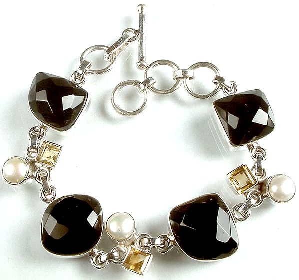 Faceted Black Onyx, Citrine and Pearl Bracelet