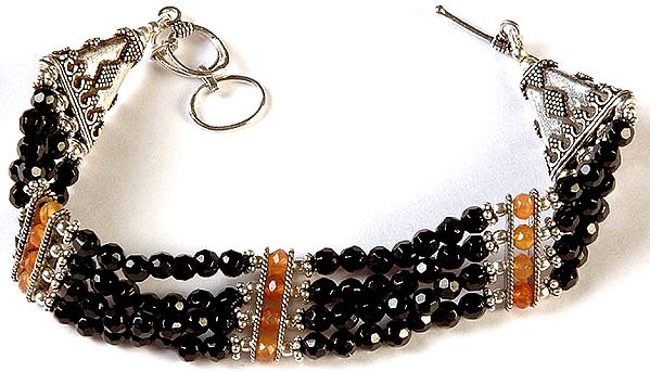 Faceted Black Onyx Four Layer Bracelet with Carnelian