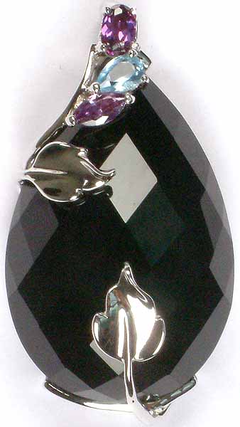 Faceted Black Onyx Pendant with Amethyst and Blue Topaz