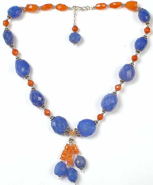 Faceted Blue Chalcedony & Carnelian Necklace