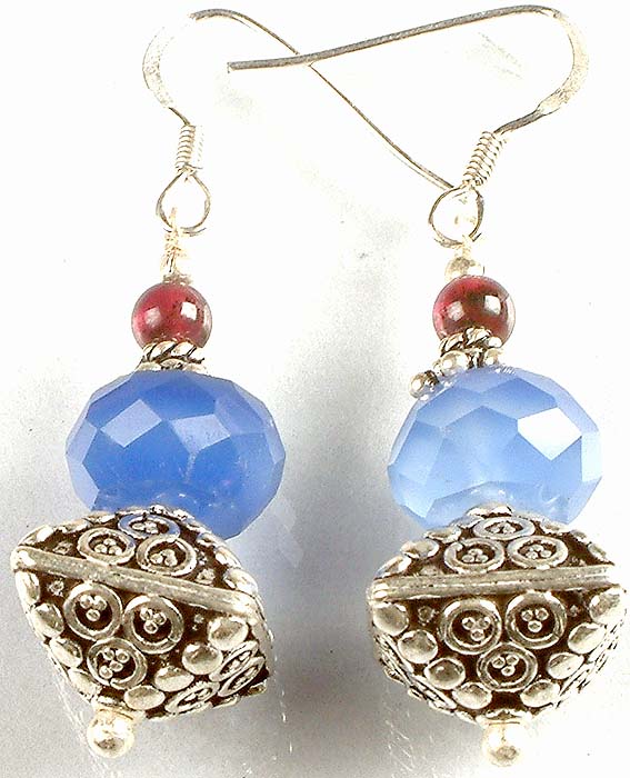 Faceted Blue Chalcedony and Garnet Beaded Earrings