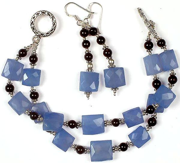 Faceted Blue Chalcedony Bracelet & Earrings Sets with Black Onyx