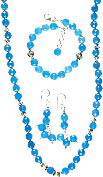 Faceted Blue Chalcedony Necklace with Bracelet and Earrings Set