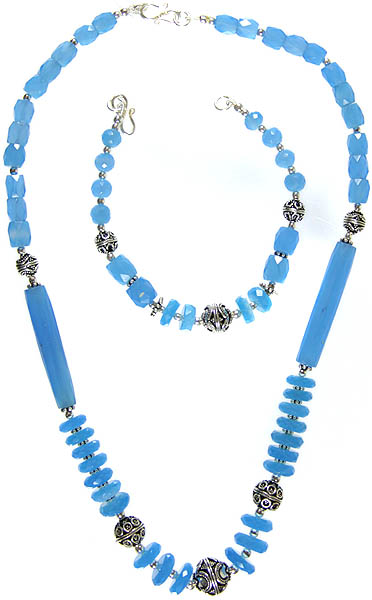 Faceted Blue Chalcedony Necklace with Bracelet Set