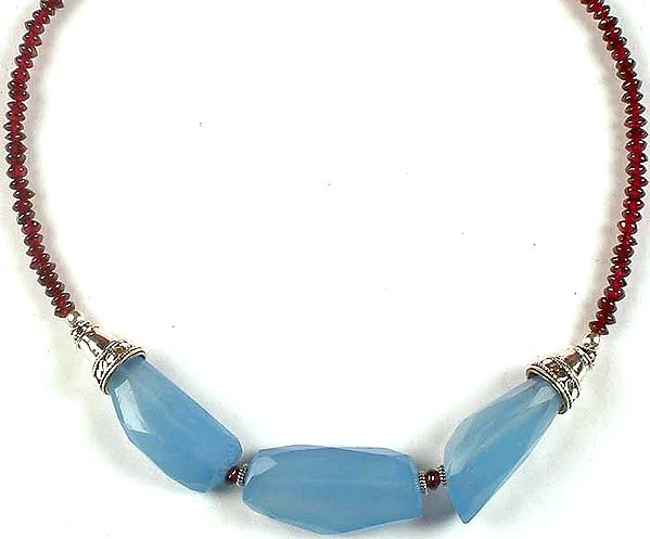 Faceted Blue Chalcedony Necklace with Garnet