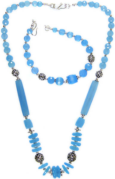 Faceted Blue Chalcedony Necklace with Matching Bracelet Set